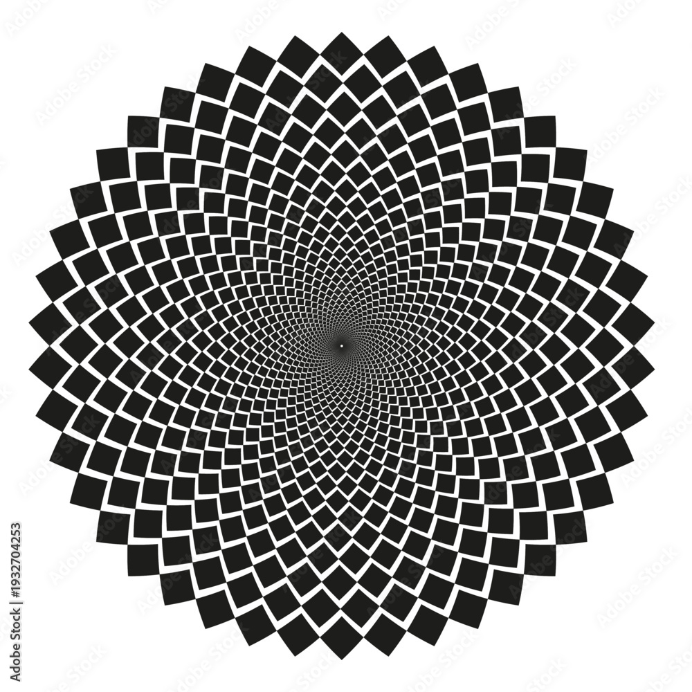 Fototapeta premium Squareness spiraling Vector. Geometrical vortices patterns. Abstracted sunflowers symbols. Monochrome opticals illusions.
