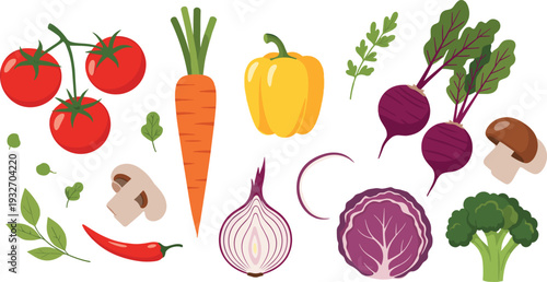 Flat Vector Vegetable Icon Set Featuring Tomato, Carrot, Bell Pepper, Broccoli, Onion, and Beetroot for Healthy Food, Cooking, Organic Farm, and Nutrition Designs