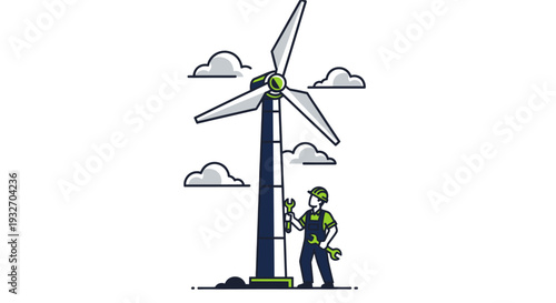 Flat vector illustration of a technician repairing a wind turbine at a power plant, showcasing renewable energy and sustainable technology. The worker wears overalls and a helmet.