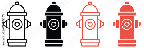 Fire, hydrant simple icon style variants featuring line and solid silhouette icons in black and red, emergency water access sign for firefighters, vector design, safety symbol set,
