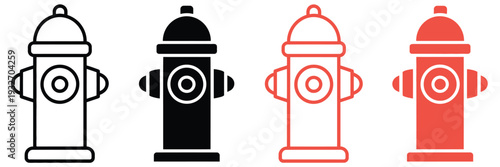 Fire, hydrant icon set with line and solid styles, black and red vector silhouettes, emergency water access symbol, firefighter safety, industrial safety illustration