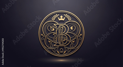Intricate golden emblem design with crown and elegant details on dark background.