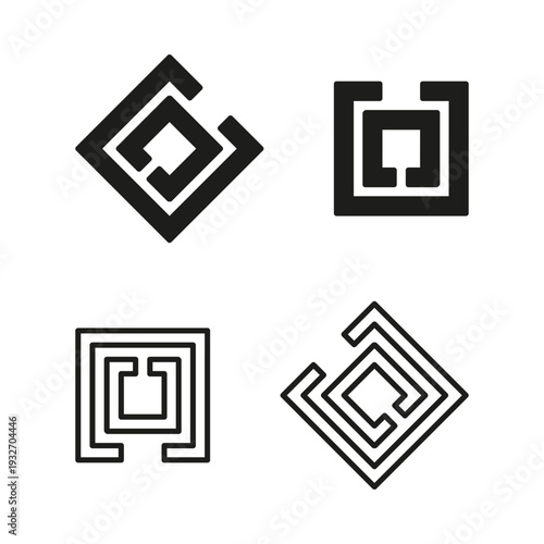 Extraordinary square maze. Geometric labyrinth symbols. Sophisticated Vector elements. Professional black linear shapes.