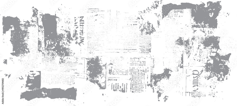 Fototapeta premium Gray distressed newspaper texture with scattered text fragments and abstract ink splatters grunge background