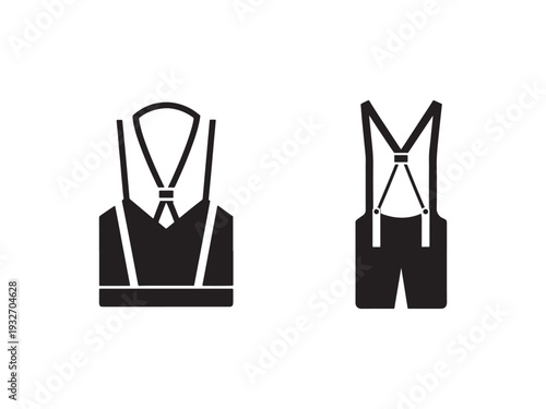 Black and white illustration of bib and brace overalls with suspenders and collar tie shirt front and back view  simple design