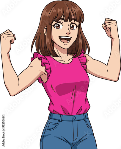 Happy Young Woman Celebrating Success – Excited Girl with Raised Fists Cartoon Illustration