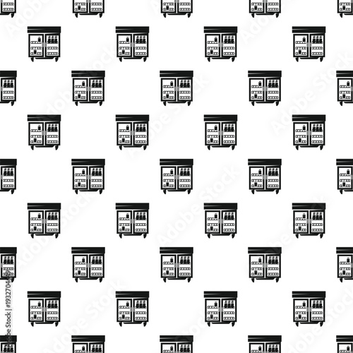Repeating pattern showing black commercial fridges with drinks on a white background