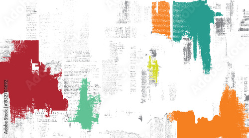 Textured abstract background with bold red teal orange and yellow paint strokes over faded newspaper print