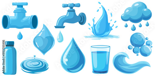Wallpaper Mural Blue Water Vector Set With Drop, Wave, Splash, Tap, Bottle, Glass, Ripple, Bubbles Isolated Icons Torontodigital.ca