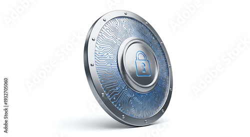 Futuristic metallic shield with circuit board patterns and an unlocked padlock icon, symbolizing advanced digital cybersecurity and robust data protection infrastructure