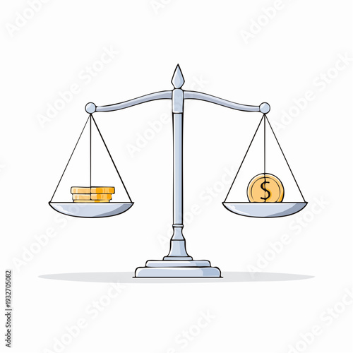 Balance scale with cash and coins on white background.