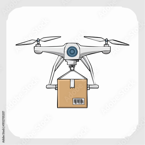 Drone delivering a package with a barcode label attached.