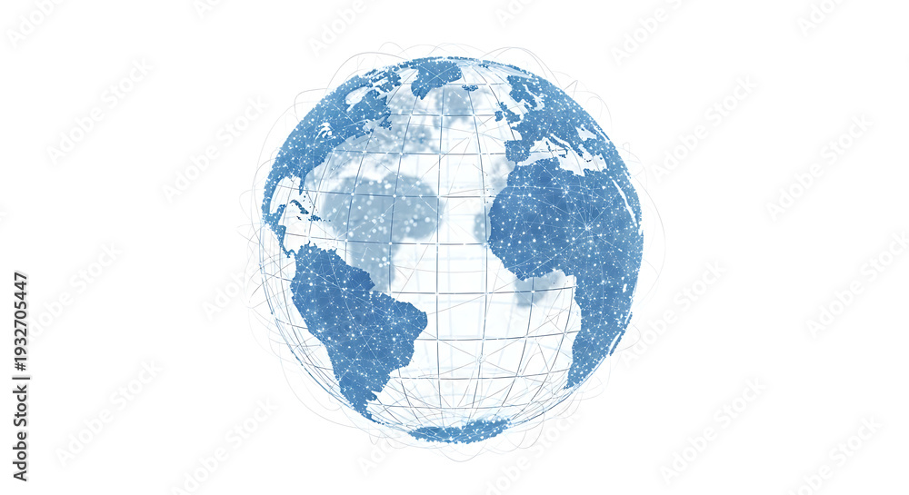 Obraz premium Dynamic digital representation of a global network, with shimmering blue dots and lines connecting continents, symbolizing worldwide data flow and technological connectivity across the Earth's surface