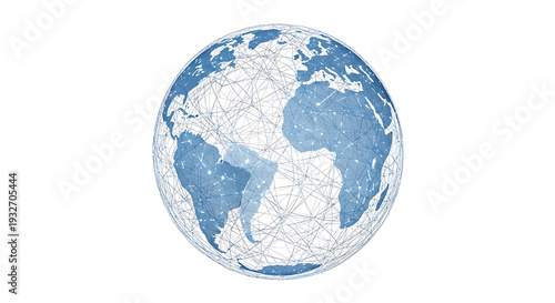 Digital Earth sphere with intricate network lines, symbolizing worldwide connectivity, information exchange, and technological advancements across continents