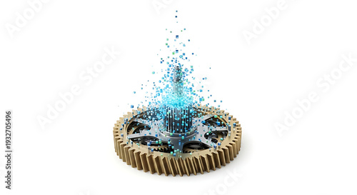 Digital transformation concept with a gleaming mechanical gear wheel generating a shower of luminous blue data particles, symbolizing technological advancement and dynamic process evolution