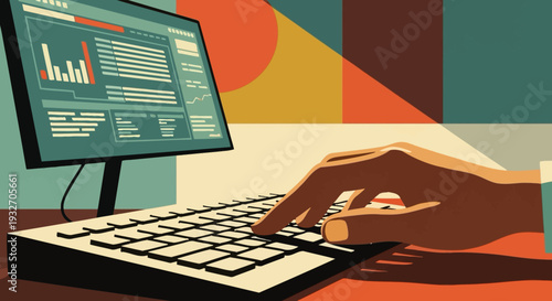 Retro style office workspace with hand on keyboard and computer screen