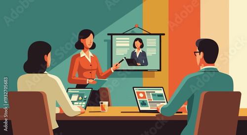 Team meeting presentation in modern flat style with collaborative technology