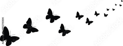 Black butterfly silhouette vector illustration showing diagonal ascending flight pattern with motion, depth, perspective, nature, minimal design, peaceful outdoor concept