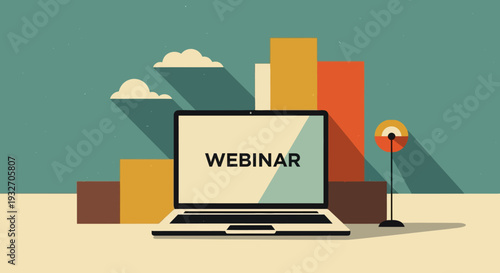 Flat design webinar concept with laptop and retro microphone in minimalist style