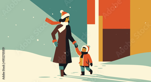 Retro winter scene with mother and child in snowy landscape