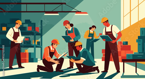 Industrial team collaboration in a modern warehouse setting