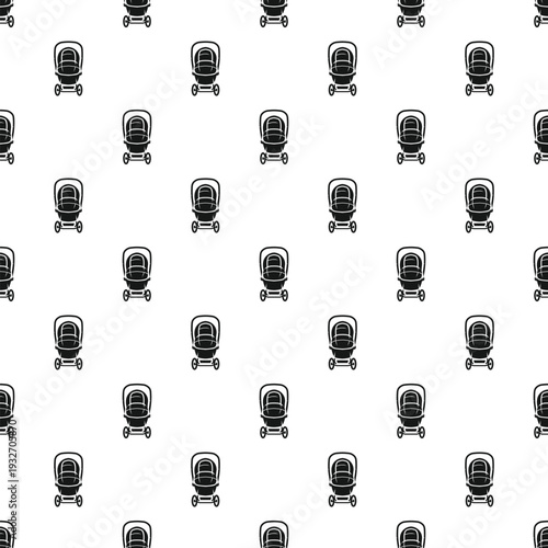 Seamless repeating pattern presenting dark silhouette icons of baby strollers