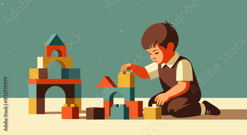 Child building blocks: retro style playtime scene with geometric shapes