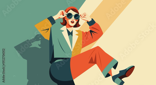 Retro pop art style woman in colorful outfit and sunglasses