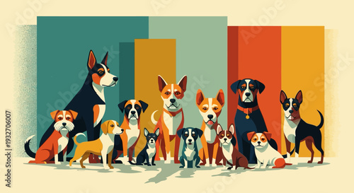 Colorful flat design of various dog breeds in a group composition