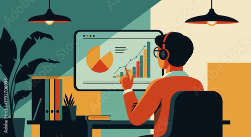Business professional analyzing data on computer screen in retro office setting