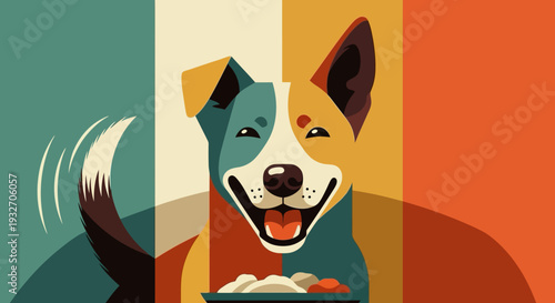 Colorful geometric portrait of a happy dog eating a meal in modern art style