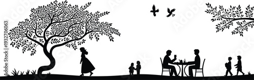 Black silhouette vector illustration of family gathering outdoors with children, trees, birds, leisure, togetherness, peaceful nature community lifestyle scene