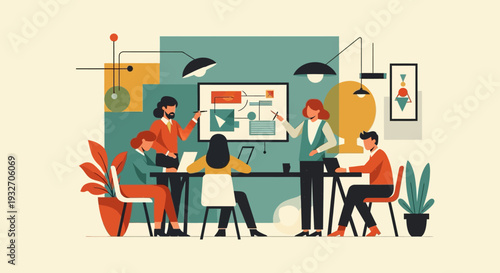 Creative team collaboration in a modern office setting with geometric abstract art