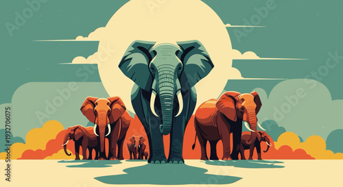 Majestic elephants in a retro sunrise scene