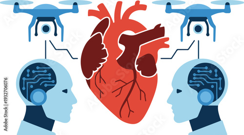 Artificial intelligence robot monitoring human heart health with drones for modern digital cardiology concept.