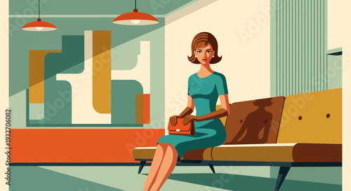 Mid-century modern interior with woman in retro dress on vintage sofa