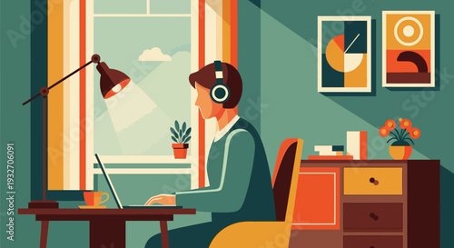 Man working on laptop at home office with headphones in retro style