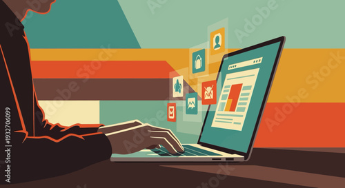 Colorful digital workspace with person at laptop featuring modern graphic elements