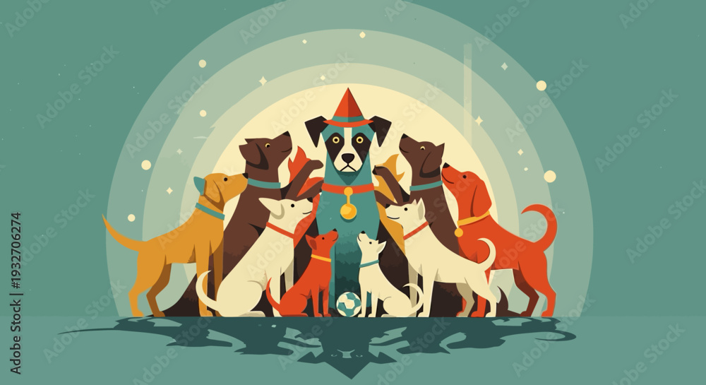 Fototapeta premium Celebration with dogs: flat style party scene with canine friends in retro colors
