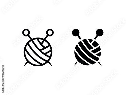 Black and White Yarn Ball Icons with Knitting Needles on White Background