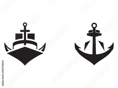 Black and white illustration of ship anchor and boat icons  nautical symbols  anchor and ship silhouette