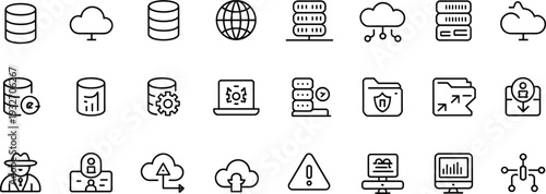 Data icons, cloud computing, cybersecurity, network infrastructure, database management, secure storage, hacker threat, server stack, internet globe, modern vector design