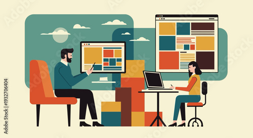 Collaborative workspace design with modern flat art style
