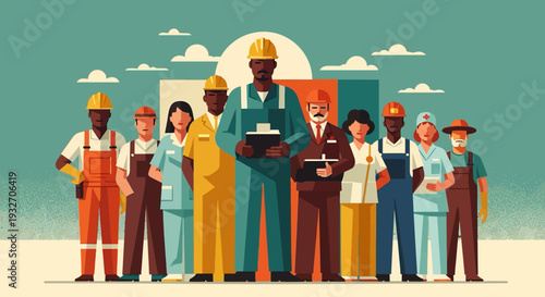 Diverse group of workers in protective gear with city background