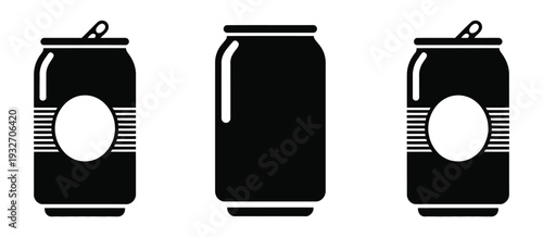 Beer Can Minimal Flat Icon Set, Clean Black Silhouette Vector Collection Isolated on White Background, Modern Beverage Container Symbols