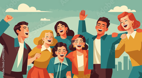 Joyful group of friends celebrating together in a colorful retro style
