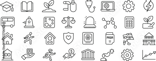 Education icons, science, technology, law, finance, government, infrastructure, healthcare, innovation, research, learning, business, growth, institution, modern vector design