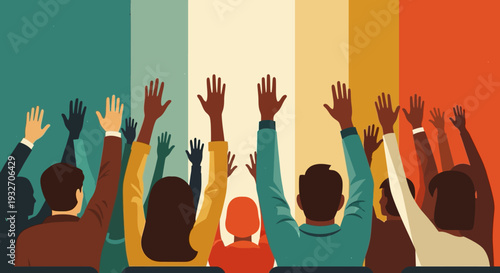 Bright flat design of diverse group of people raising hands in unity