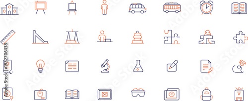 Education icon set, school learning symbols, classroom tools, student activities, teaching resources, graduation elements, study materials, modern vector line design