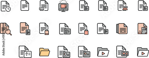Document icons, file management, content creation, editing, searching, folders, video play, code snippets, productivity, organization, workflow, modern vector design